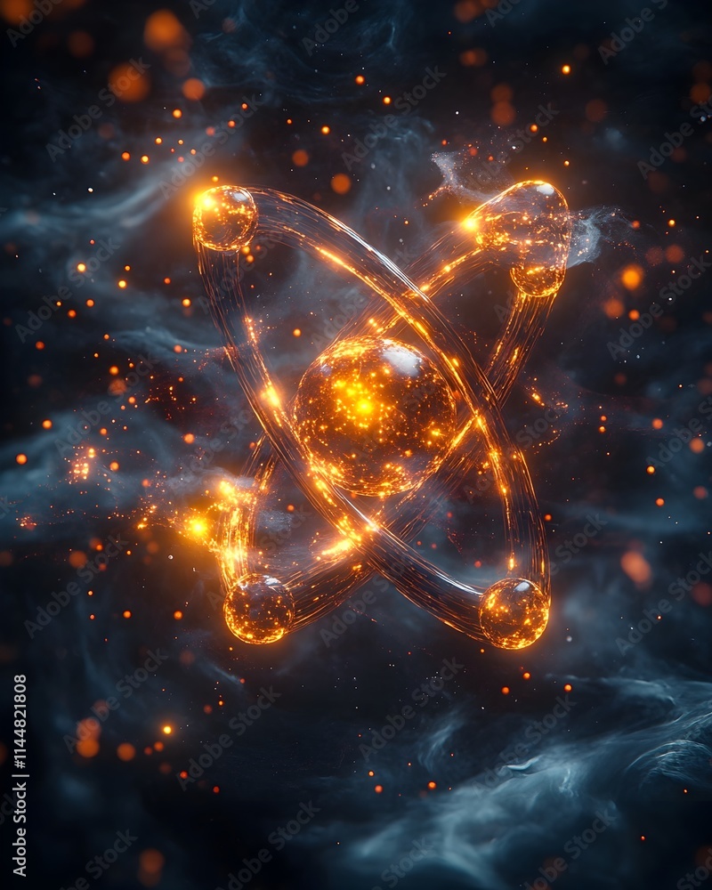 Poster detailed 3d representation of a technetium atom revealing its electron and versatile use in cutting 