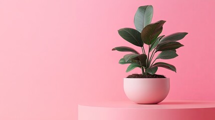 Lush plant displayed in a bowl on a round pedestal, set against a pink background. This lush plant creates a retro and minimalist floral concept with ample copy space.
