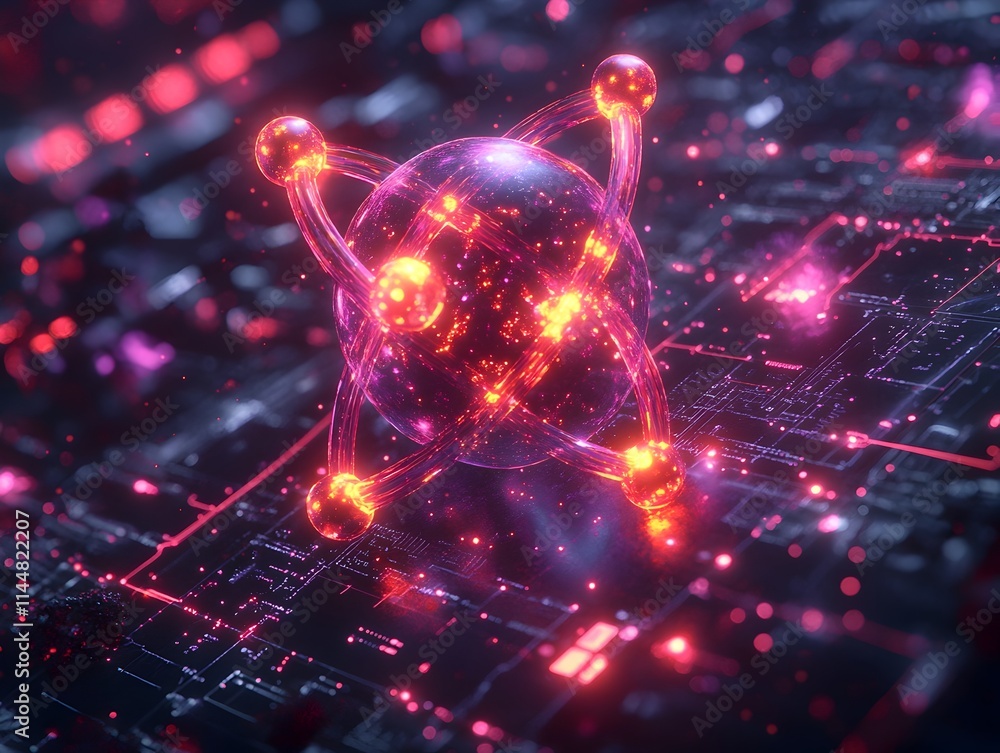 Poster captivating 3d visualization of a technetium atom showcasing its intricate electron and highlighting