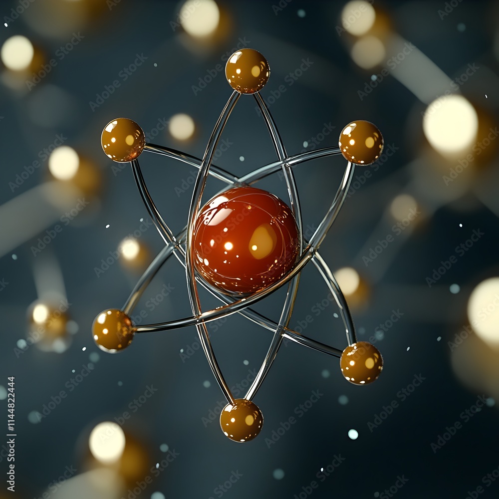 Poster highly detailed diagram like showcasing the precise electron and nuclear structure of a technetium a