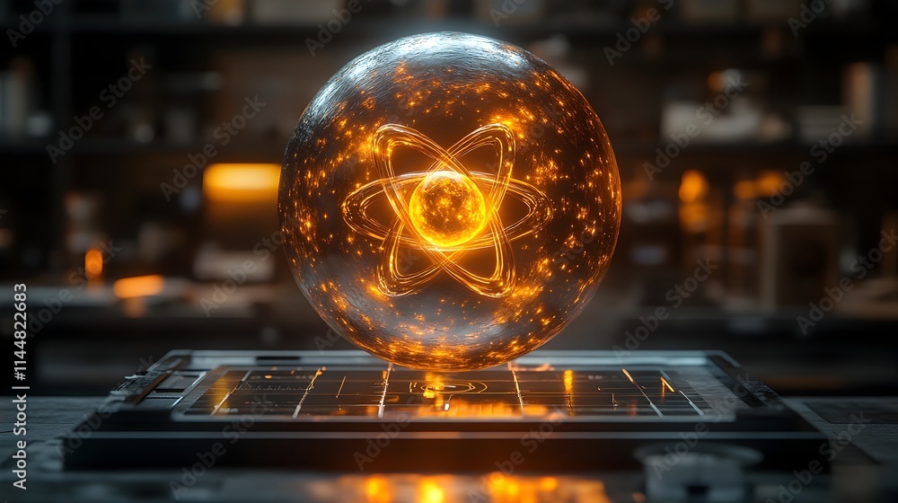 Poster technetium atom visualization a glowing 3d representation of the intricate subatomic structure and i