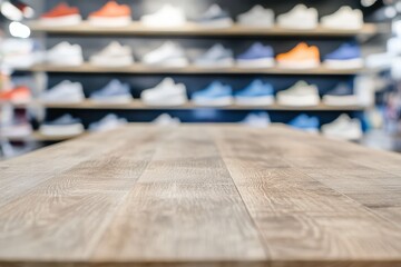 Eye-catching shoe display with wooden accents and stylish footwear.