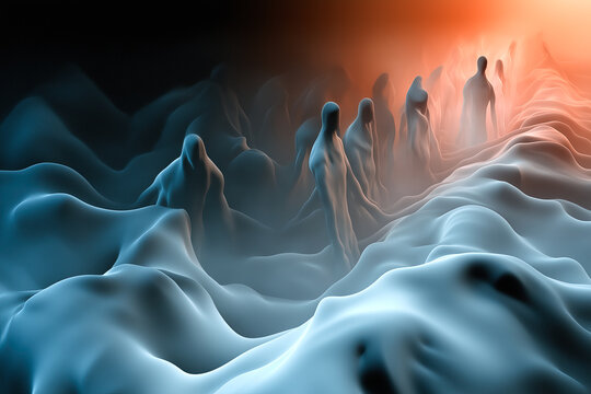 Abstract religious background depicting a scene from purgatory, contorted figures represent souls in transformation, purification process draws them towards light. Modern, faith themes.