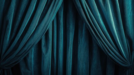 Dark teal curtain folds create a soft texture backdrop, perfect for photography or design projects. The dark teal fabric adds depth and elegance, providing a beautiful canvas with ample copy space.
