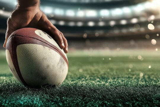 A focused moment depicting a hand setting down a rugby ball on the lush green grass of a stadium illuminated by lights, symbolizing readiness and precision.