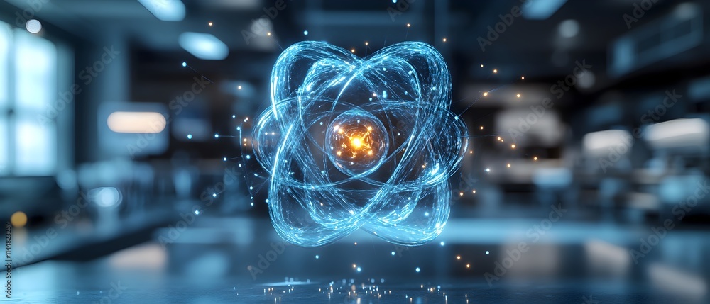Poster exploded diagram of a technetium atom highlighting its electron and radiological imaging uses highly