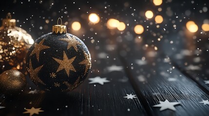 Christmas balls star snowflakes and golden glitter