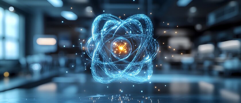 Exploded Diagram of a Technetium Atom Highlighting its Electron and Radiological Imaging Uses Highly detailed atomic parts Luminous orbital shell Radioactive isotope properties