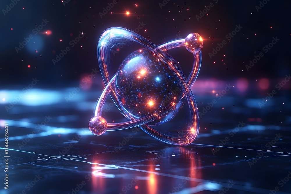 Poster 3d digital model of a technetium atom emphasizing its unique electron shell arrangement and critical