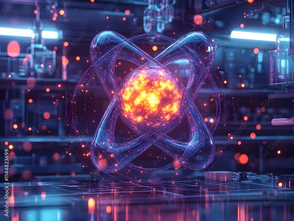Poster cutaway view of a technetium atom illustrating its electron shell and role in advanced medical diagn
