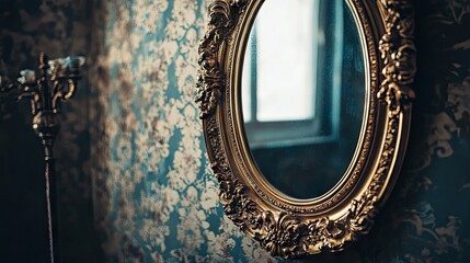 Ornate golden mirror adds a touch of elegance to vintage wall decor, enhancing the overall aesthetic with its detailed design and rich tones. Photo style includes ample copy space.