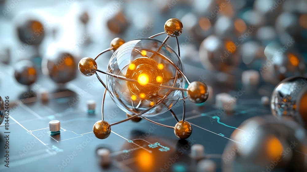 Poster highly accurate and detailed 3d rendering of a technetium atom precisely depicting its electron and 