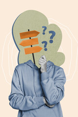 Composite trend artwork sketch image 3D photo collage of young woman watch headache boiled kitchen pot fire question think mind think