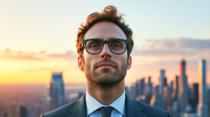 Professional photo of businessman overlooking inspirational city skyline at sunset