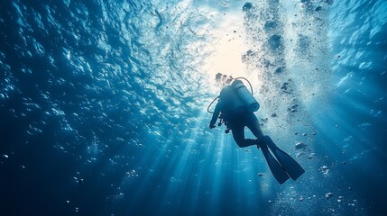 Underwater Silhouette of a Scuba Diver Ascending Towards Sunlight