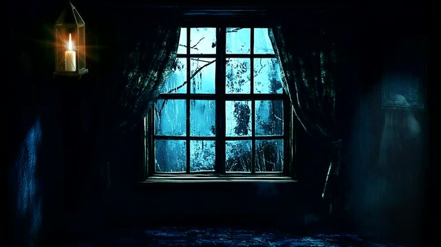 Haunted window glowing with candlelight and eerie shadows. Seamless looping 4k time-lapse animation video background.