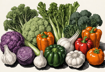Fresh vegetables assortment with garlic and bell peppers