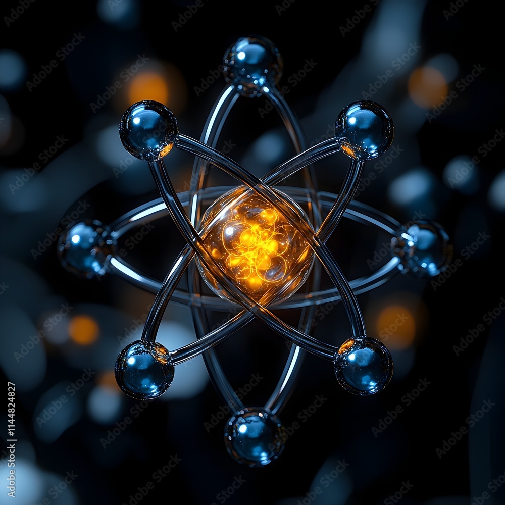 Poster 3d representation of a technetium atom highlighting its electron shell and radioactive characteristi
