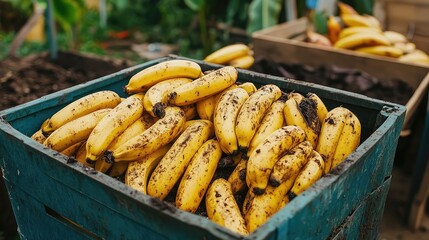 A pile of overripe bananas in a compost bin with a garden visible in the background, symbolizing sustainability