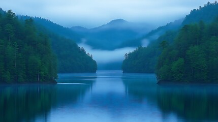 Fototapeta premium Serene Mountain Lake Enveloped In Misty Blue Hues