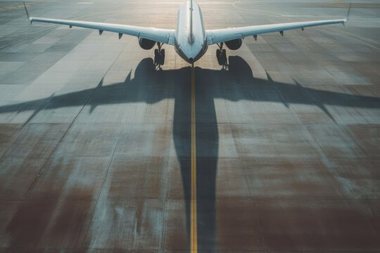 An airplane is parked on the airport tarmac, viewed from the back, creating a long shadow that stretches along the pavement highlighting the aircraft's expansive size against the ground.