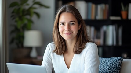 Smiling young woman sits at home, working on laptop.