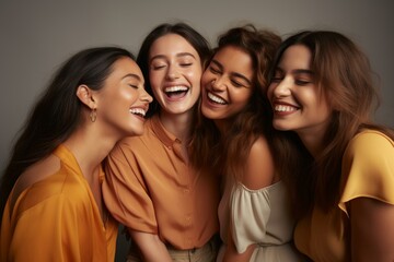 Fototapeta premium Four diverse young women huddle together, laughing and enjoying each other's company against a simple gray backdrop