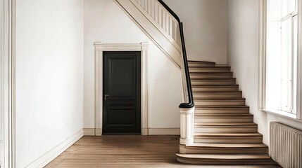 Obraz premium Minimalist staircase design highlighted by a prominent black door, creating a striking focal point in the composition. Perfect for showcasing contemporary architecture with ample copy space.