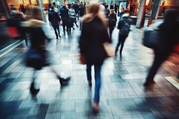 People captured in motion blur walking through a bustling shopping mall, highlighting the fast-paced lifestyle and dynamic atmosphere of modern consumer culture.