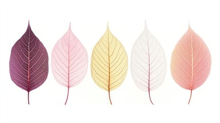 Composite arrangement of five semi-transparent leaves in a row, highlighting the natural beauty and unique textures of each leaf, ideal for creative projects with ample copy space.
