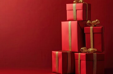 Obraz premium Red gift boxes on a red background, a New Year concept.