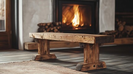 Rustic wooden bench placed in front of a cozy fireplace, creating a warm atmosphere. The rustic wooden bench enhances the overall charm of the setting with ample copy space.