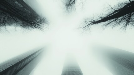 Obraz premium Foggy city skyscrapers viewed from below with bare trees.