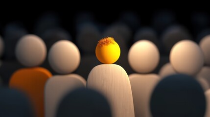 An orange-haired figure stands out uniquely amid a muted grey crowd, depicting themes of uniqueness and identity under dim, abstract lighting.