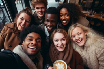 Obraz premium Group of cheerful multi ethnic friends taking a selfie while enjoying a cappuccino in a cafe