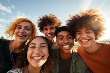 Obraz premium Five cheerful young multi ethnic friends are taking selfie outdoors, smiling and having fun together