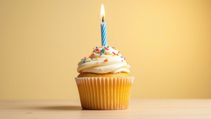 Single Birthday Cupcake with Lit Candle on Wooden Table