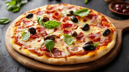 Delicious homemade pizza topped with cheese, bacon, and olives. This appetizing pizza highlights vibrant ingredients and offers ideal copy space for culinary designs.