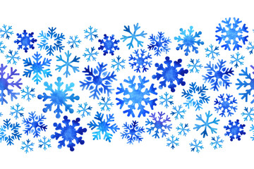 Seamless border of blue watercolor snowflakes on white background. Hand drawn watercolor winter seamless pattern. Holiday background design.