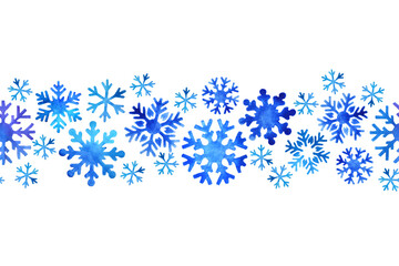Seamless border of blue watercolor snowflakes on white background. Hand drawn watercolor winter seamless pattern. Holiday background design.