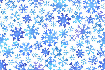 Seamless pattern of blue watercolor snowflakes on a white background. Winter Christmas seamless background.