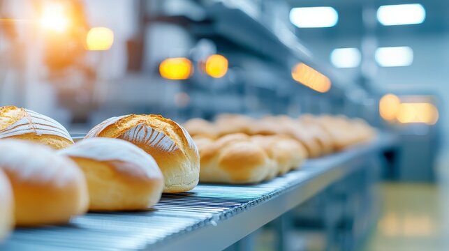 Production line of fresh baked bread rolls in modern bakery industrial environment close-up view for culinary insights