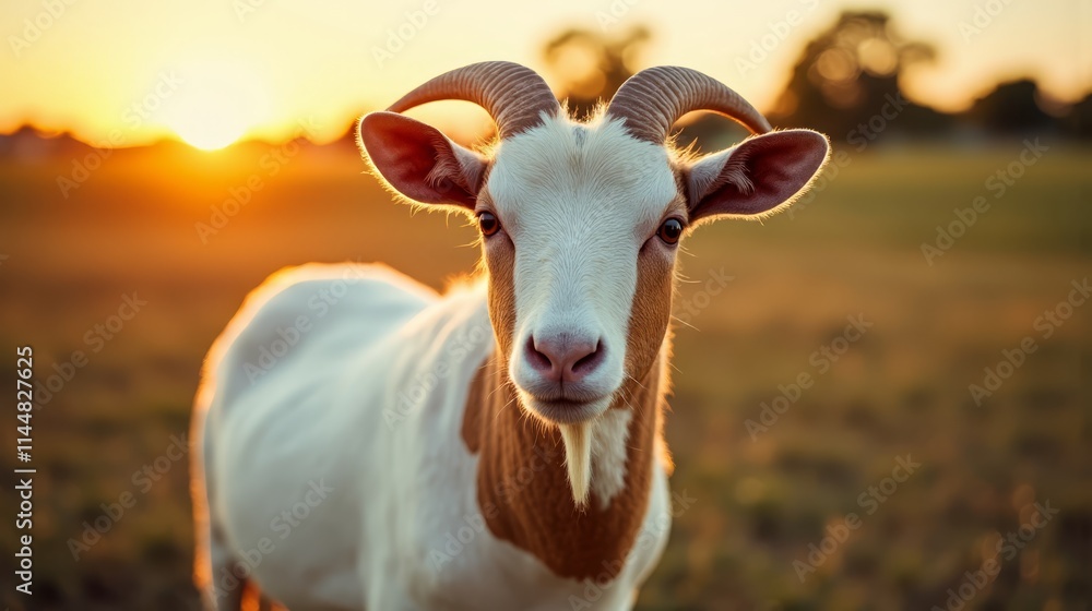 Poster A white and brown goat standing in a field at sunset