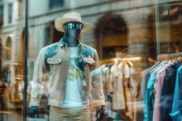 Mannequin dressed in a tropical-themed shirt and tan pants with a straw hat and reflective sunglasses, displayed in a stylish store window setting in the city.