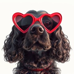 Banner for Valentine's Day with funny cocker spaniel dog wearing red heart-shaped glasses. Isolated image of the cute dog for Valentine's Day greetings and other holiday