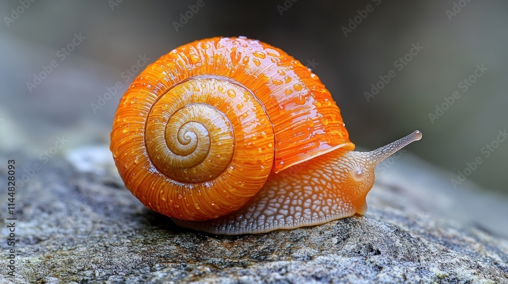 Poster orange snail with dew drops on shell.