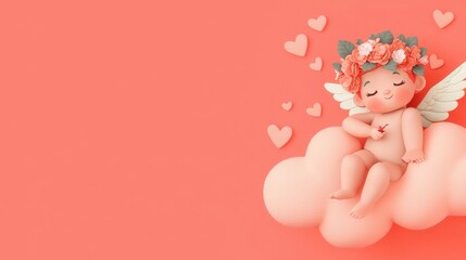 A cute, whimsical cherub with flower crown and wings sits on a soft cloud, surrounded by floating hearts against a pastel background.