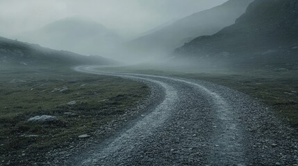 A textured gravel road meanders through foggy mountain chains, inviting exploration into its mysterious depths. The gravel road creates a captivating scene with ample space for text.
