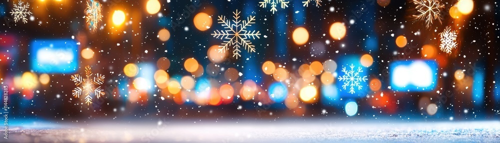 Poster a vibrant winter scene with colorful bokeh lights and falling snowflakes, creating a magical and fes