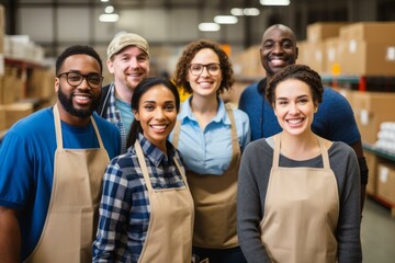 Fototapeta premium Portrait of happy diverse warehouse workers smiling at camera in distribution center